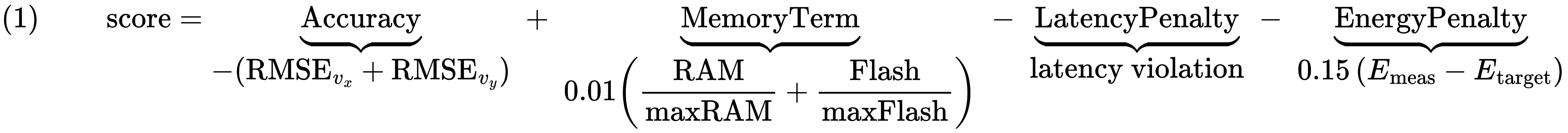 Score = Accuracy + memory term + latency penalty + energy term